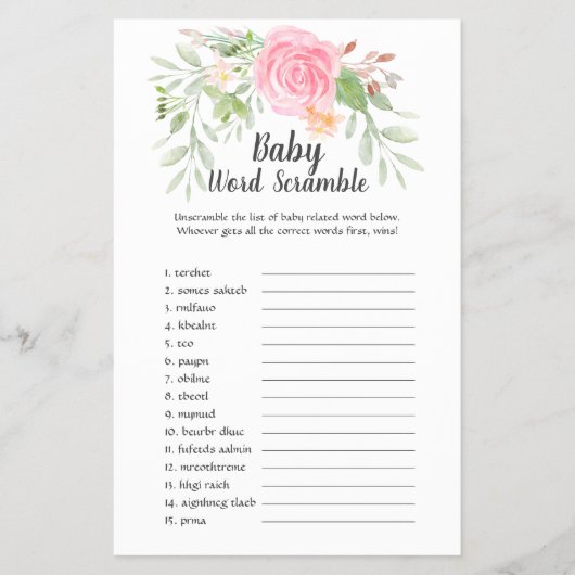 Blush Peonies Baby Dusche UK Word Scramble Flyer (Vorne)