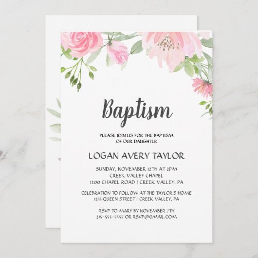 Blush Peonies Baptisse Einladung (Vorne/Hinten)