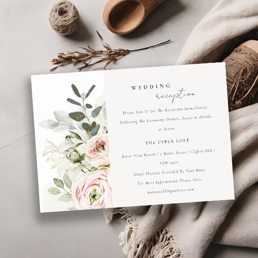 Blush Peonies Eucalyptus Foliage Hochzeitempfang Begleitkarte