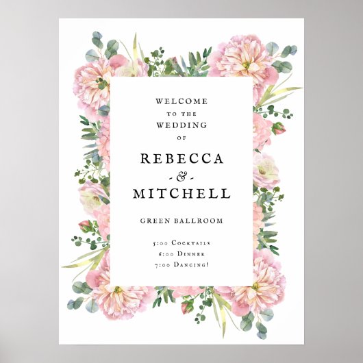 Blush Peonies Hydrangea Eucalyptus Wedding Welcome Poster (Vorne)