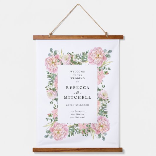 Blush Peonies Hydrangea Eucalyptus Wedding Welcome Wandteppich Mit Holzrahmen (Vorderseite)