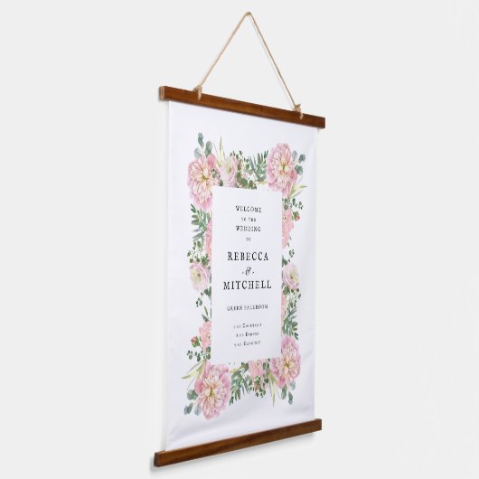 Blush Peonies Hydrangea Eucalyptus Wedding Welcome Wandteppich Mit Holzrahmen (Gewinkelt)