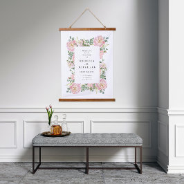 Blush Peonies Hydrangea Eucalyptus Wedding Welcome Wandteppich Mit Holzrahmen