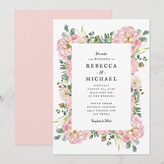 Blush Peonies Hydrangea Eukalyptus Wedding Einladung (Vorne/Hinten)
