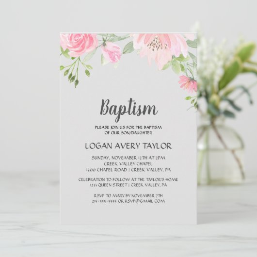 Blush Peonies on Gray Baptisse Einladung (Stehend Vorderseite)