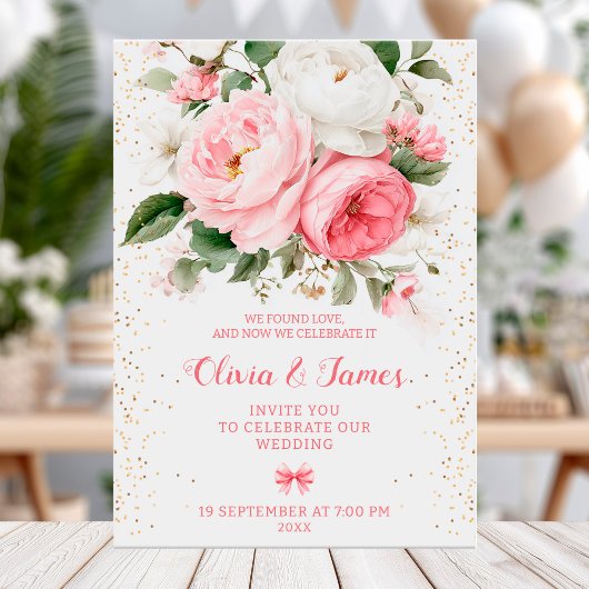Blush Peonies und Gold Konfetti Hochzeitskarte Einladung