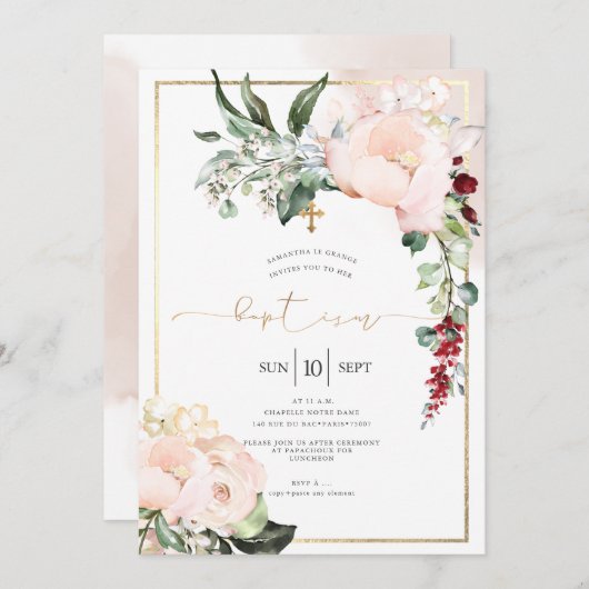 Blush Peonies Wasserfarbe Blume Taufe Einladung (Vorne/Hinten)