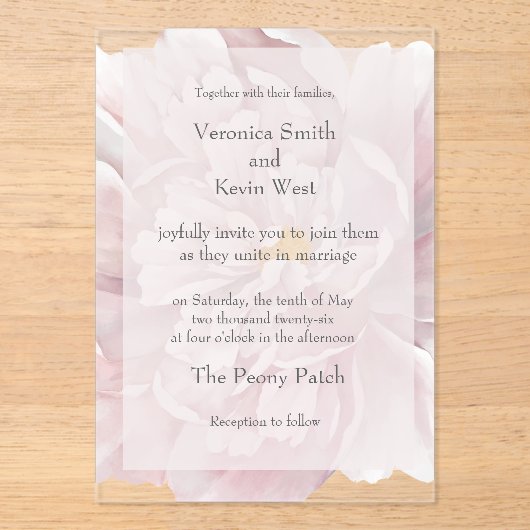 Blush Peony Clear Acrylic Hochzeitseinladung Acryleinladungen (Vorderseite)