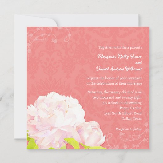 Blush Peony & Coral Damask Wedding Einladung (Vorderseite)