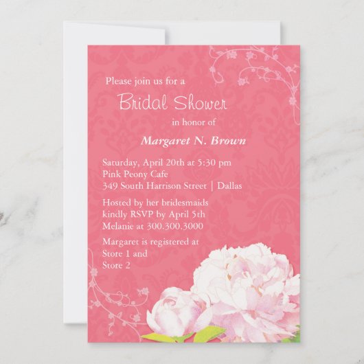 Blush Peony Coral Pink Brautparty Einladung (Vorderseite)