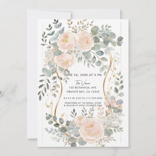 Blush Peony & Eucalyptus Botanical Floral Bridal  Einladung (Rückseite)