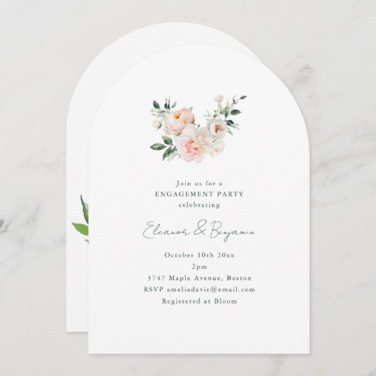 Blush Peony Floral Arch Minimal Engagement Party Einladung (Vorne/Hinten)