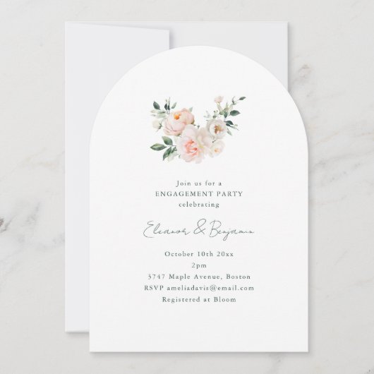 Blush Peony Floral Arch Minimal Engagement Party Einladung (Vorderseite)
