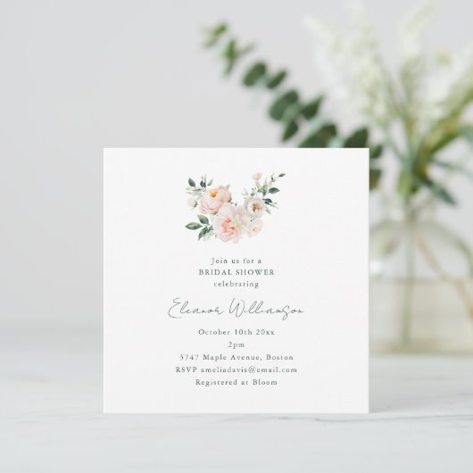 Blush Peony Floral Square Minimalist Bridal Shower Einladung (Stehend Vorderseite)