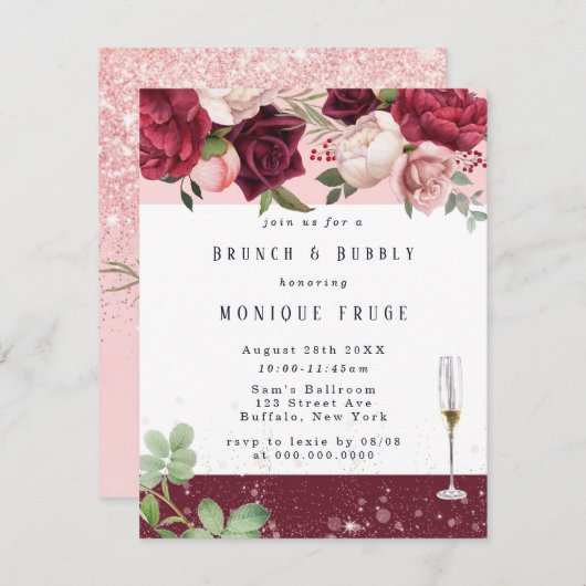 Blush Peony Glitzer Brunch & Bubbly Einladung (Vorne/Hinten)