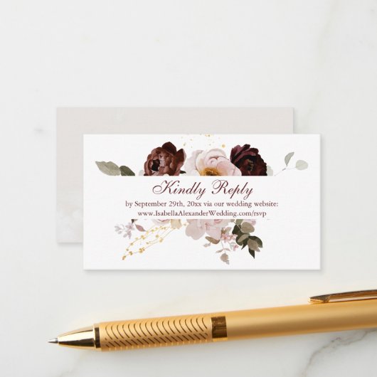 Blush Peony & Gold Burgund Wedding Website UAWG Begleitkarte (Vorderseite/Rückseite Beispiel)