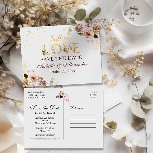Blush Peony & Gold Burgundy Save the Date Postcard Ankündigungspostkarte