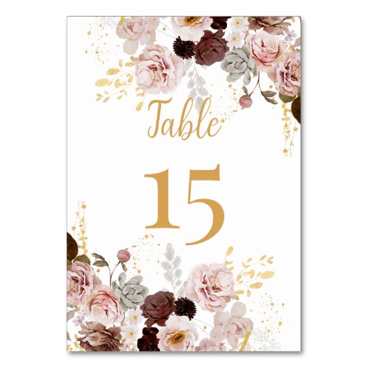 Blush Peony & Gold Burgundy Wedding Tischnummer (Vorderseite)