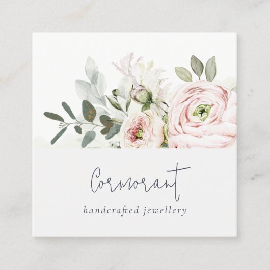 Blush Peony Leafy Botanical Floral Review Request Quadratische Visitenkarte (Vorderseite)