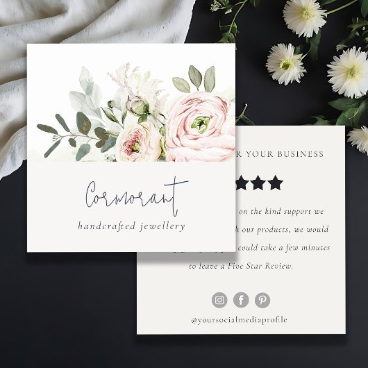 Blush Peony Leafy Botanical Floral Review Request Quadratische Visitenkarte