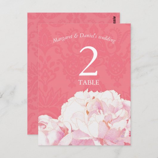 Blush Peony Pink Wedding Tischnummer Card (Vorne/Hinten)