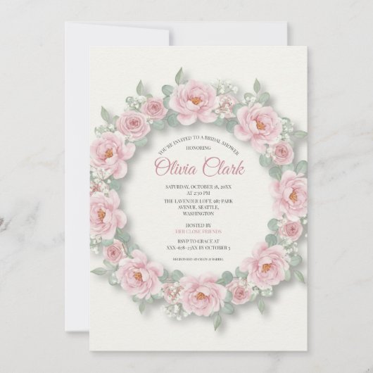 Blush Peony Rose Wreath Bridal Dusche Einladung (Vorderseite)