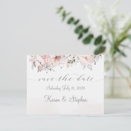 Blush Peony Silver Eucalyptus Wedding Rette das Da Save The Date (Stehend Vorderseite)