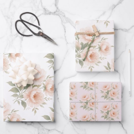 Blush Peony Watercolor Blumenmuster Geschenkpapier Set (Vorderseite)