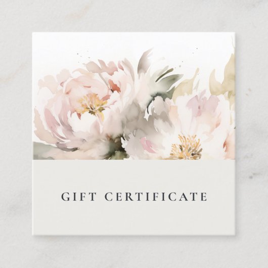 Blush Peony Watercolor Floral Gift Certificate Quadratische Visitenkarte (Vorderseite)