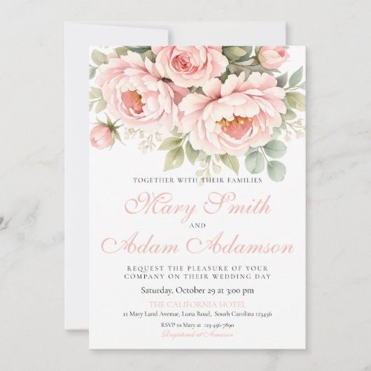 Blush Peony Watercolor Wedding Invitation Einladung (Vorderseite)