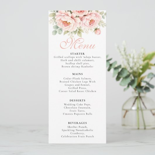 Blush Peony Wedding Menu Card (Stehend Vorderseite)
