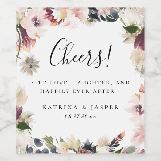 Blush Pflaume Rustikale Blumenzarge Hochzeit Weinetikett (Einzelnes Label)