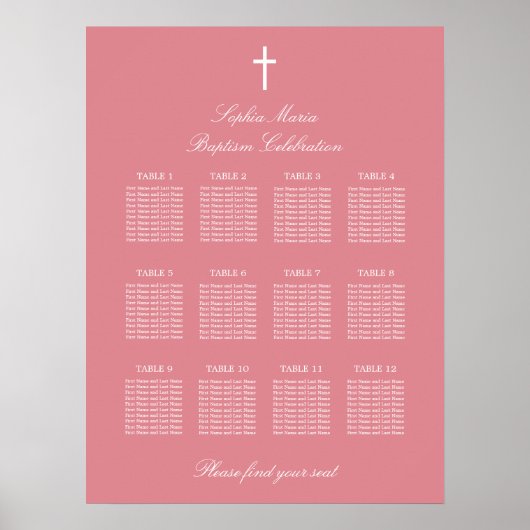 Blush Pink 12 Taufen Seating Chart Poster (Vorne)