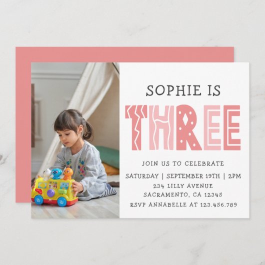 Blush Pink 3. Geburtstag Foto Einladung (Vorne/Hinten)