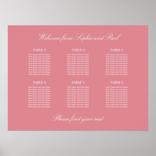 Blush Pink 6 Tabelle Hochzeitsdiagramm Poster (Vorne)
