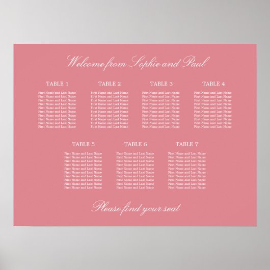 Blush Pink 7 Tabelle Hochzeitsdiagramm Poster (Vorne)