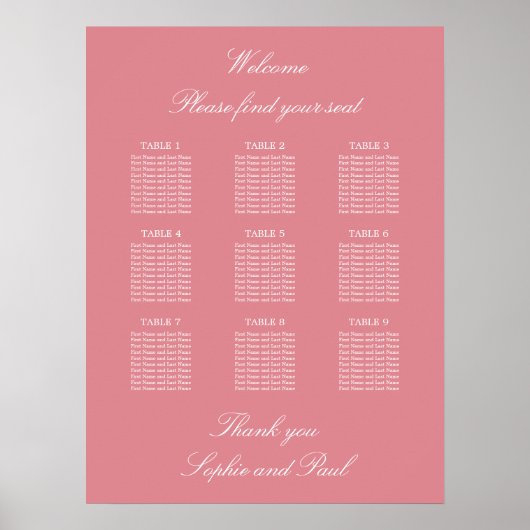 Blush Pink 9 Tabelle Hochzeitsdiagramm Poster (Vorne)