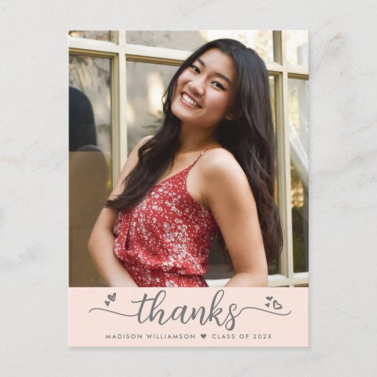 Blush Pink Abschluss Foto Script Herzlichen Dank Postkarte (Vorderseite)