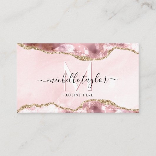 Blush Pink Agate Chic Modern Monogram Gold Visitenkarte (Vorderseite)