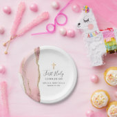 Blush Pink Agate Gold Glitzer Erste Heilige Kommun Pappteller (Party)