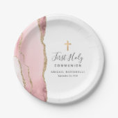 Blush Pink Agate Gold Glitzer Erste Heilige Kommun Pappteller (Vorderseite)