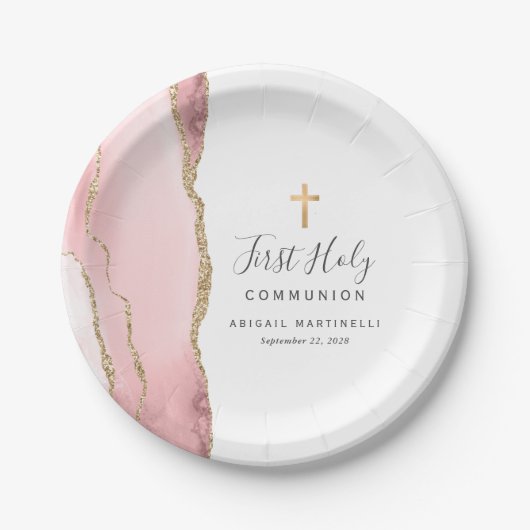 Blush Pink Agate Gold Glitzer Erste Heilige Kommun Pappteller (Vorderseite)