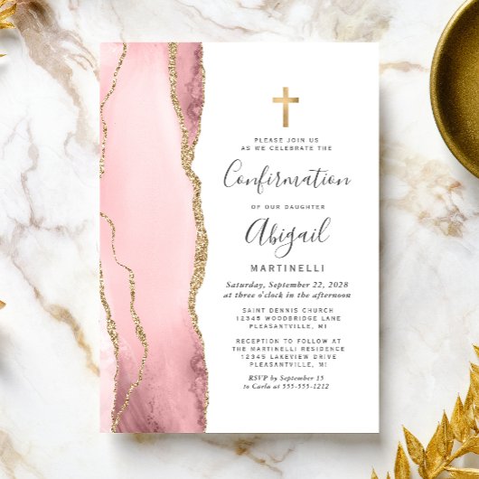Blush Pink Agate Gold Glitzer Girls Confirmation Einladung