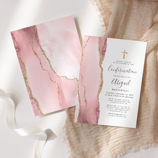 Blush Pink Agate Gold Glitzer Girls Confirmation Einladung