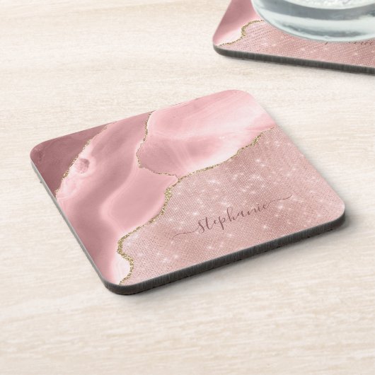 Blush Pink Agate Sparkle Glam Monogram Getränkeuntersetzer (Linke Seite)