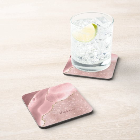 Blush Pink Agate Sparkle Glam Monogram Getränkeuntersetzer (Rechte Seite)