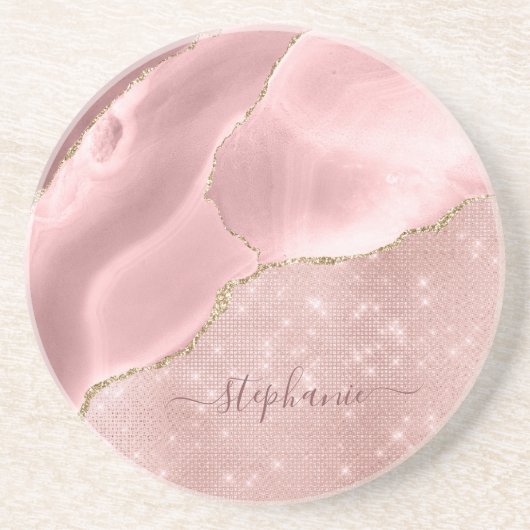 Blush Pink Agate Sparkle Glam Monogram Getränkeuntersetzer (Vorne)