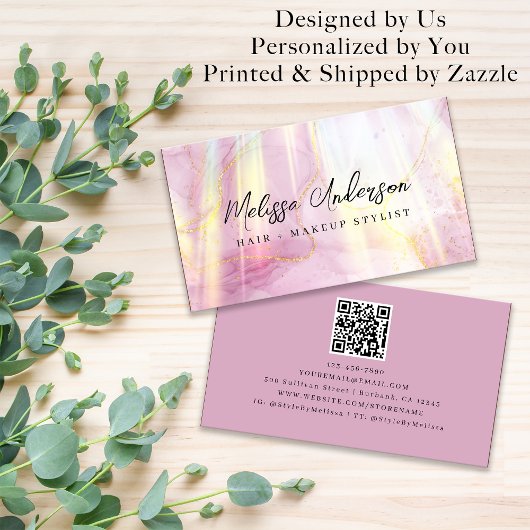Blush Pink Agate Stone Luxe QR Code Visitenkarte