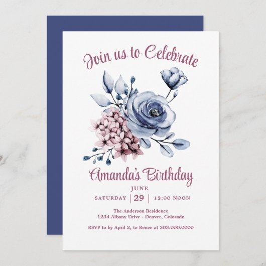 Blush Pink and Blue Roses Birthday Party Einladung (Vorne/Hinten)