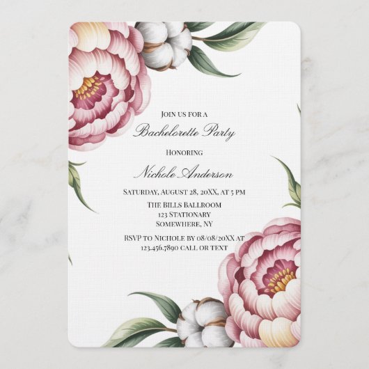 Blush Pink and Cotton Bachelorette Party Einladung (Vorderseite)